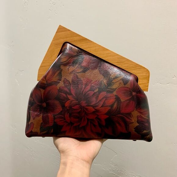 Handmade Genuine Premium Leather Floral Print Wooden Frame Bag with 2 Straps - Picture 2 of 16